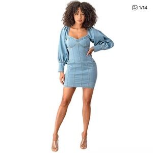 Off-Shoulder Denim Dress with Puff Sleeves